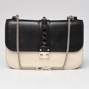 Valentino Black/White Leather Rockstud Glam Lock Medium Flap Bag